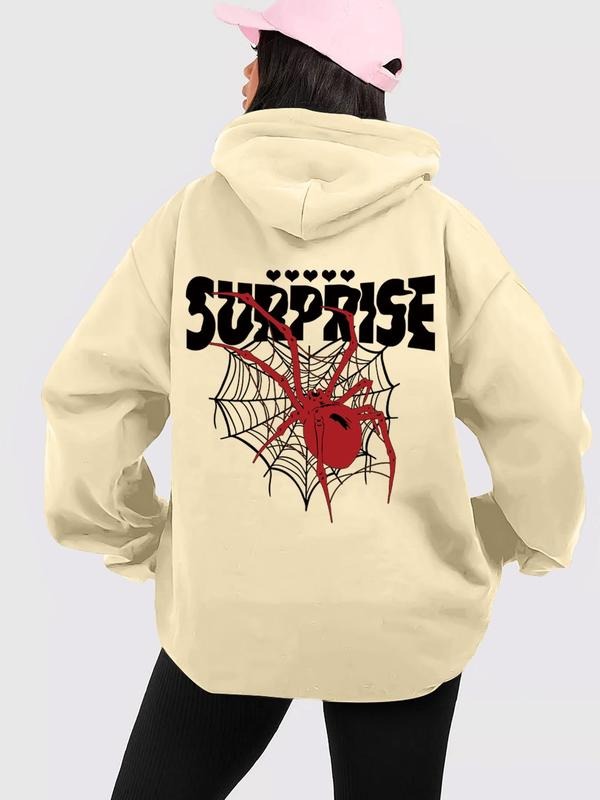 Women'WB shield Spider & Letter Print Drop Shoulder Hoodie, Fashion Casual Hooded Sweatshirt for Daily Holiday Outdoor...