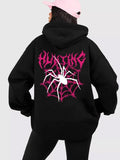 Women'WB shield Spider & Letter Print Drop Shoulder Hoodie, Street Long Sleeve Hooded Sweatshirt for Daily Holiday...