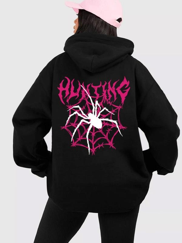 Women'WB shield Spider & Letter Print Drop Shoulder Hoodie, Street Long Sleeve Hooded Sweatshirt for Daily Holiday...