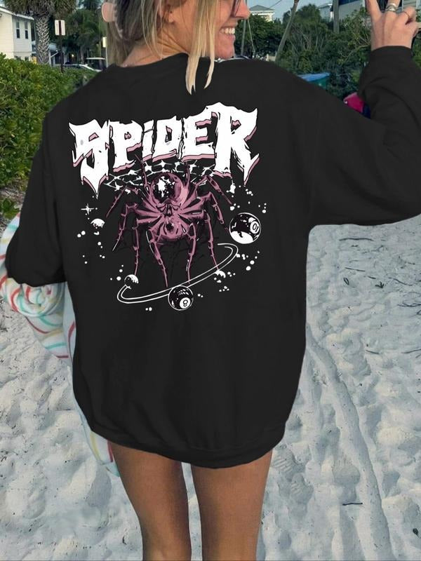 Women'WB shield Spider & Letter Print Drop Shoulder TNF Lined Sweatshirts, Casual Long Sleeve Round Neck Pullover for...