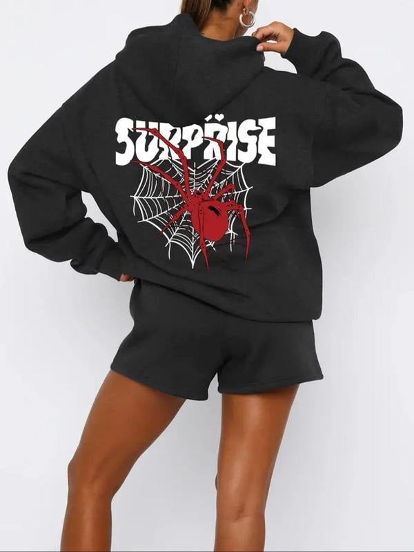 Women'WB shield Spider & Letter Print Hoodie, Casual Long Sleeve Pullover Hooded Sweatshirt for Daily Wear, Ladies TNF...