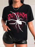 Women'WB shield Spider & Letter Print Round Neck Tee, Fashion Casual Crew Neck T-shirt for Daily Holiday Vacation Outdoor...