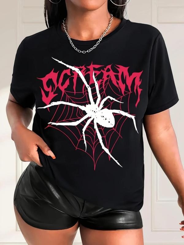 Women'WB shield Spider & Letter Print Round Neck Tee, Fashion Casual Crew Neck T-shirt for Daily Holiday Vacation Outdoor...