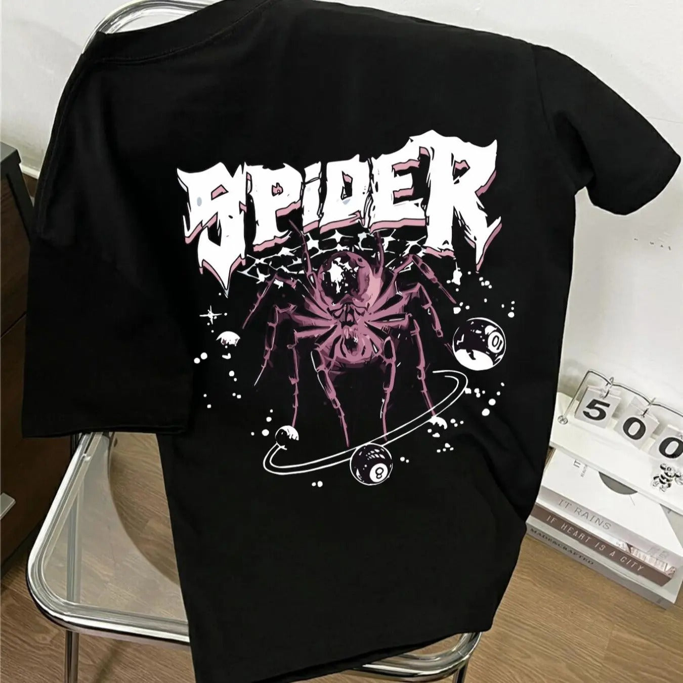 Women'WB shield Spider & Letter Print Round Neck Tee, Fashion Casual Drop Shoulder Short Sleeve T-shirt for Daily Wear,...