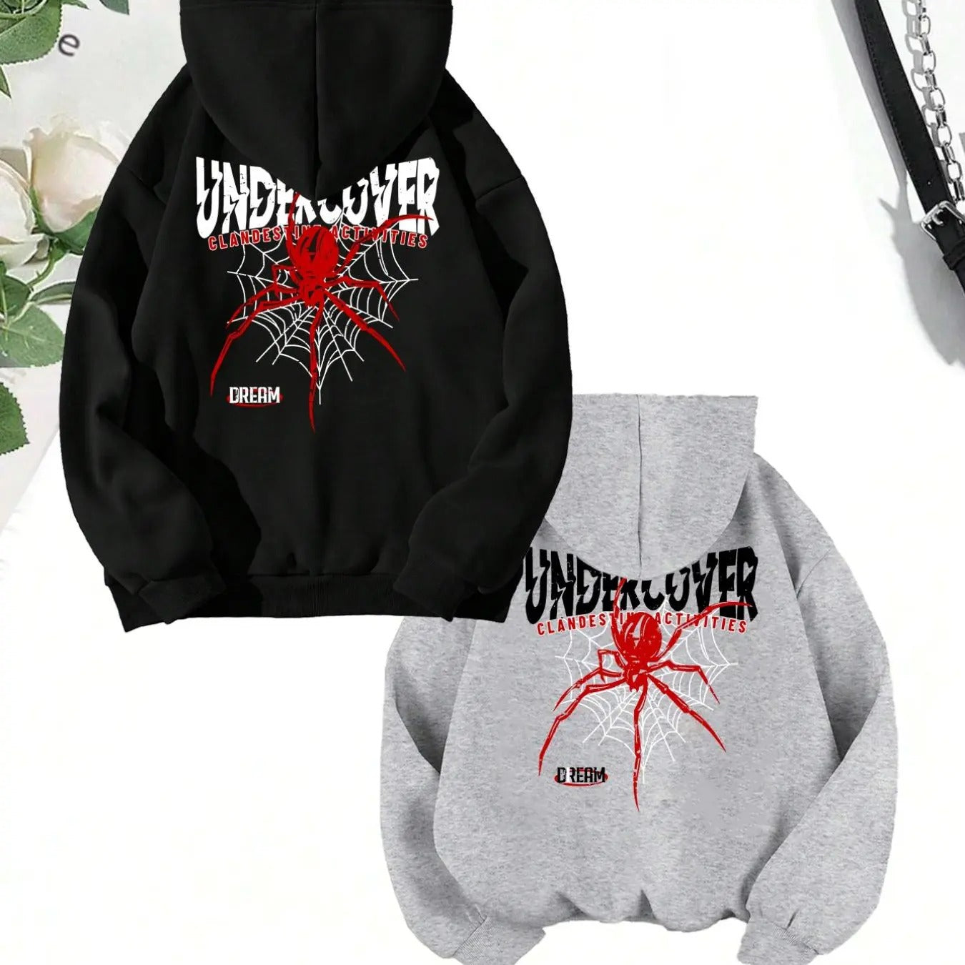 Women'WB shield Spider & Slogan Print Drop Shoulder Hoodie, Fashion Casual Drawstring Pocket Hooded Sweatshirt for Daily...