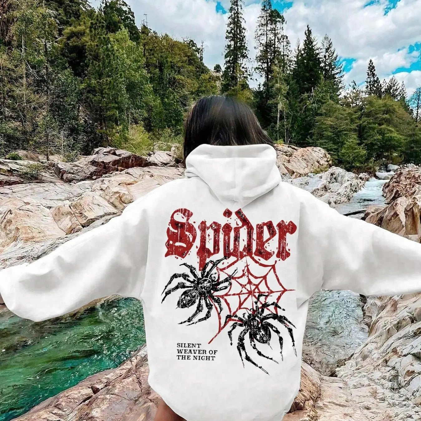 Women'WB shield Spider & Slogan Print Hoodie, Fashion Casual Letter Print Hooded Sweatshirt for Daily Holiday Outdoor...