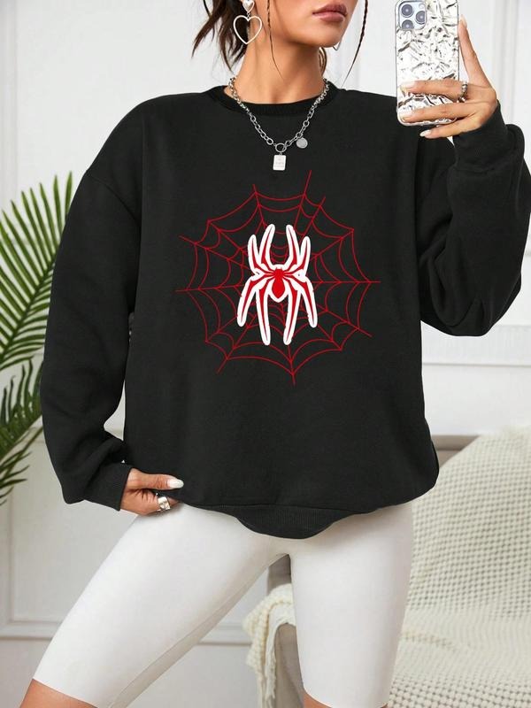 Women'WB shield Spider & Spider Web Print Drop Shoulder Sweatshirt, Casual Long Sleeve Round Neck Pullover for Fall &...