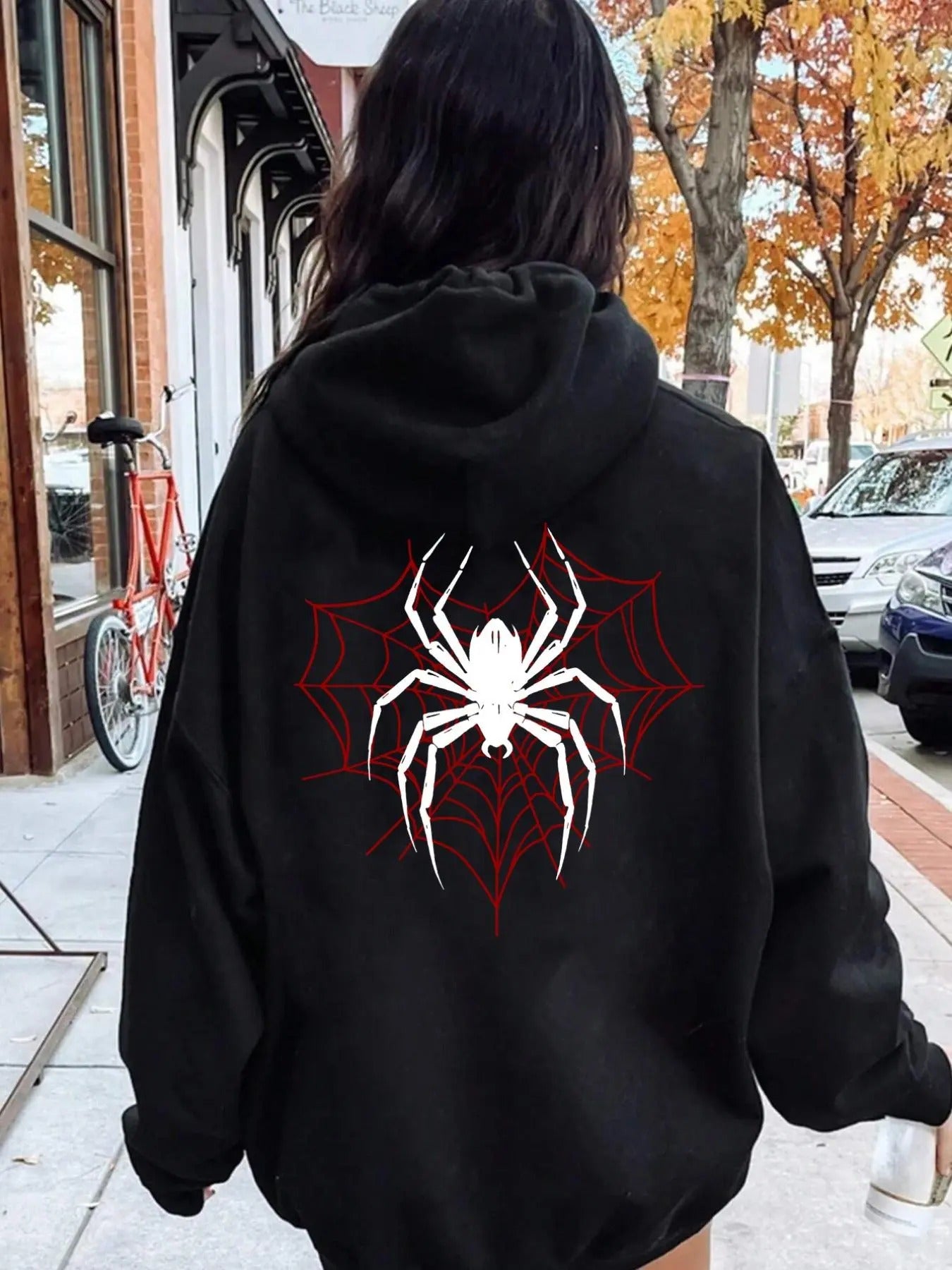 Women'WB shield Spider Print Hoodie, Fashion Casual Drawstring Pocket Hooded Sweatshirt for Daily Holiday Outdoor Wear,...