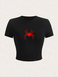 Women'WB shield Spider Print Round Neck Crop Graphic Tee, Casual Short Sleeve T-Shirt for Summer, Ladies TNF for Daily...
