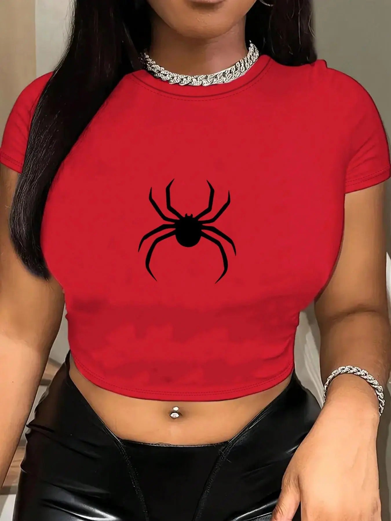 Women'WB shield Spider Print Round Neck Crop Tee, Casual Short Sleeve T-shirt, Ladies Summer TNF for Daily Wear Hoodie,...