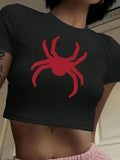 Women'WB shield Spider Print Round Neck Crop Tee, Fashion Casual Crew Neck Short Sleeve T-shirt for Daily Holiday...