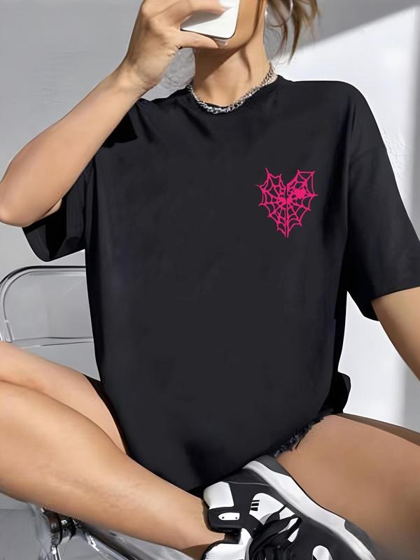 Women'WB shield Spider Web & Heart Print Drop Shoulder Tee, Fashion Casual Round Neck Half Sleeve T-shirt for Daily Wear,...