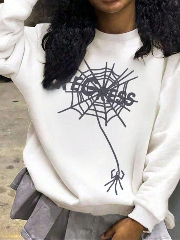 Women'WB shield Spider Web & Letter Print Drop Shoulder Sweatshirt, Casual Long Sleeve Round Neck Pullover for Fall &...