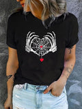 Women'WB shield Spider Web & Skeleton Hand Print Round Neck Tee, Casual Crew Neck Short Sleeve T-shirt for Daily Holiday...