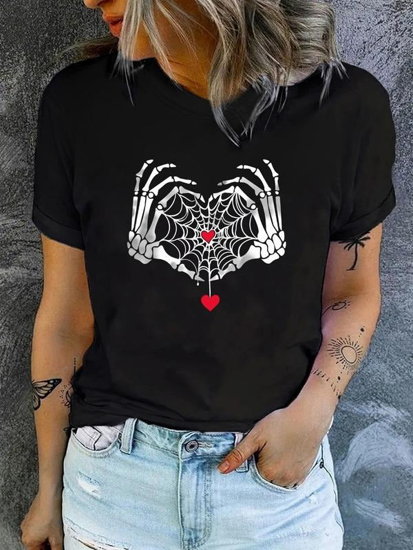 Women'WB shield Spider Web & Skeleton Hand Print Round Neck Tee, Casual Crew Neck Short Sleeve T-shirt for Daily Holiday...