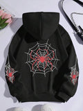 Women'WB shield Spider Web & Spider Print Drop Shoulder Hoodie, Fashion Casual Drawstring Pocket Hooded Sweatshirt for...
