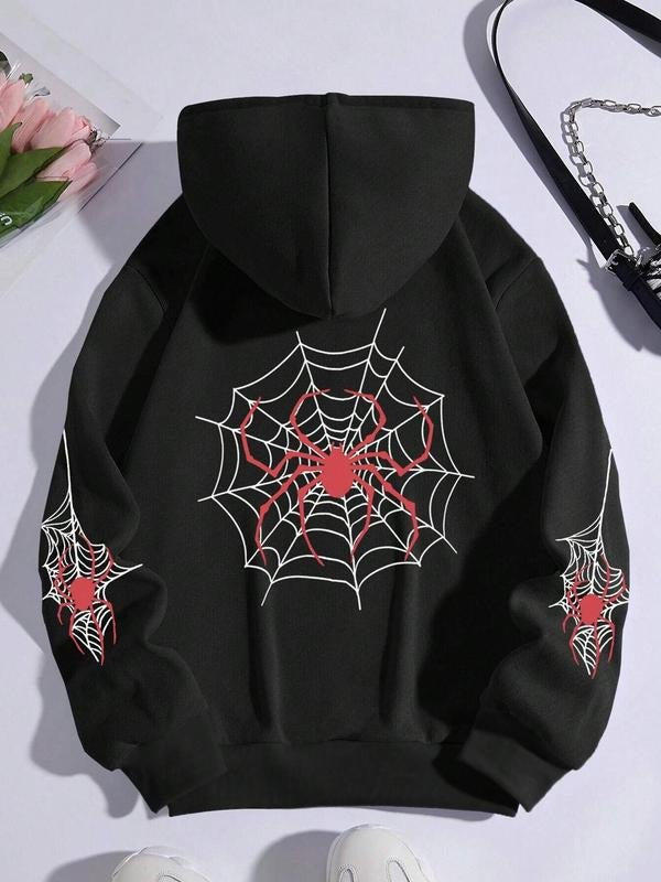 Women'WB shield Spider Web & Spider Print Drop Shoulder Hoodie, Fashion Casual Drawstring Pocket Hooded Sweatshirt for...