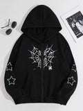Women'WB shield Spider Web Print Drop Shoulder Zip Up Hoodie, Fashion Casual Drawstring Pocket Hooded Sweatshirt for...