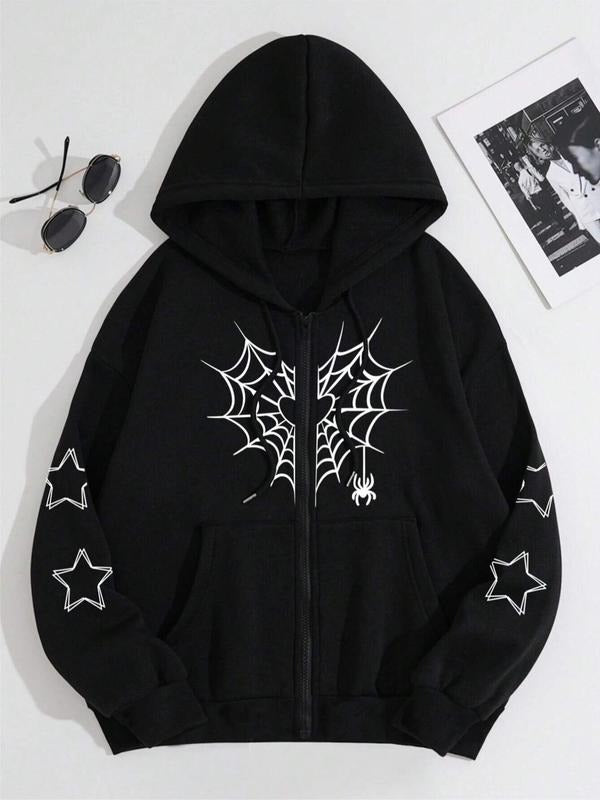 Women'WB shield Spider Web Print Drop Shoulder Zip Up Hoodie, Fashion Casual Drawstring Pocket Hooded Sweatshirt for...