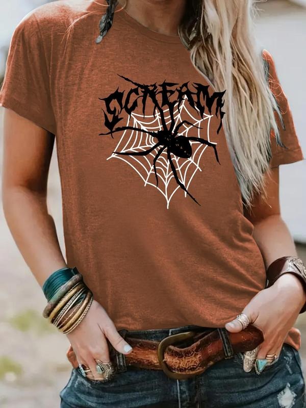 Women'WB shield Spider Web Print Round Neck Tee, Fashion Casual Crew Neck T-shirt for Daily Holiday Vacation Outdoor...