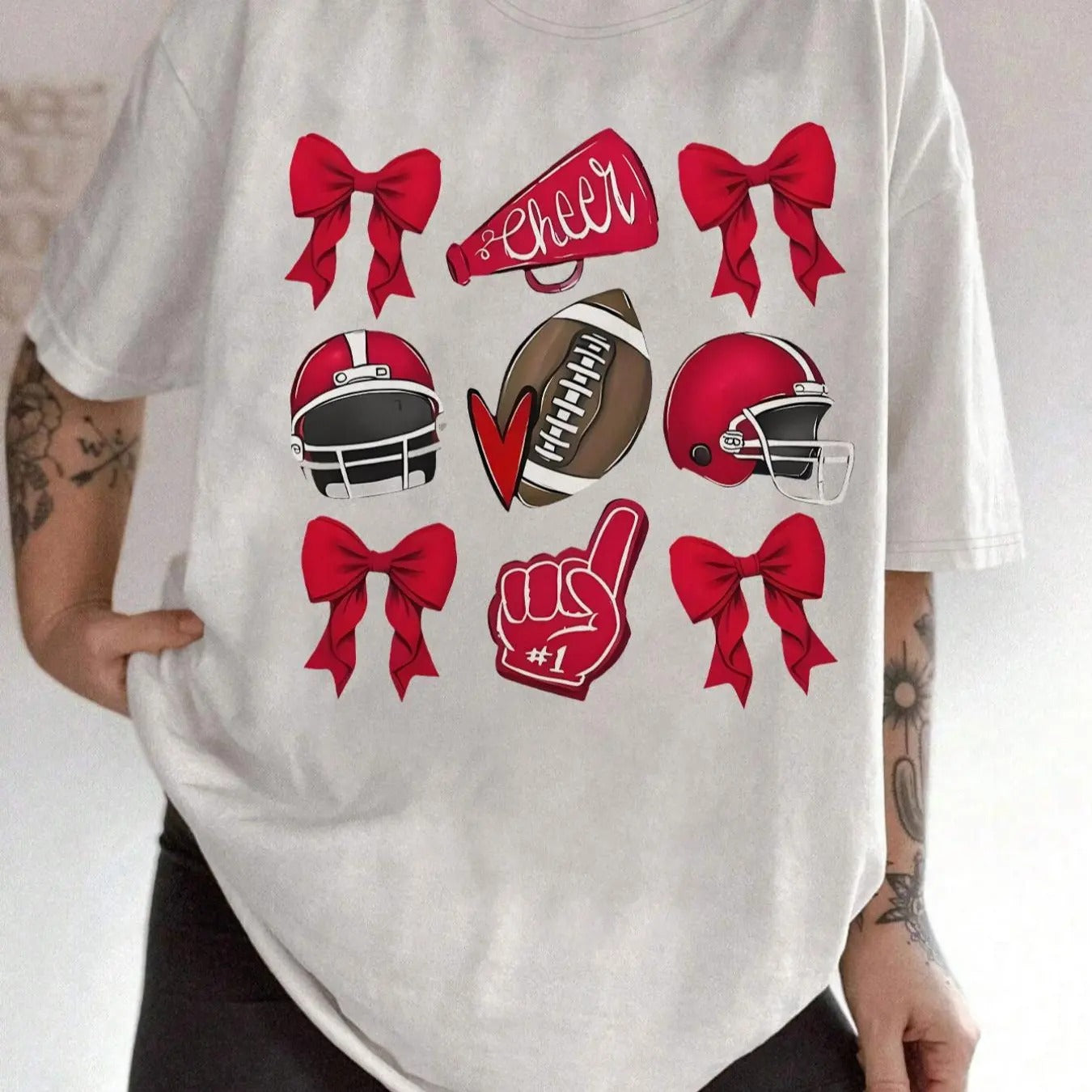 Women'WB shield Spiky hair fighters & Bow Print Drop Shoulder Tee, Casual Half Sleeve Round Neck T-shirt for Fall &...