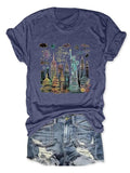 Women'WB shield Statue FOG Liberty & Building Print Round Neck Tee, Casual Letter Graphic Short Sleeve T-shirt, Ladies...