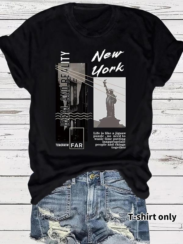 Women'WB shield Statue FOG Liberty & Letter Print Round Neck Graphic Tee, Vintage Trendy Casual Short Sleeve T-shirt for...