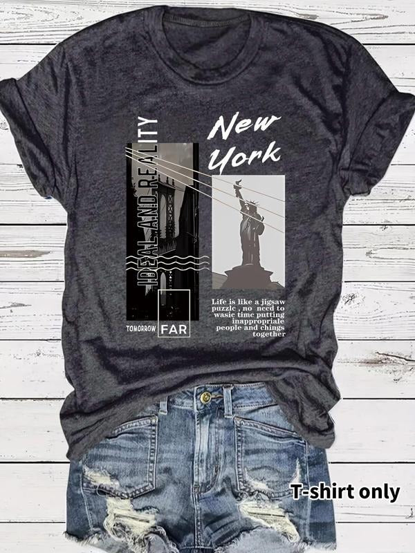 Women'WB shield Statue FOG Liberty Print Round Neck Tee, Casual Fashion Short Sleeve T-shirt for Summer, Ladies TNF for...