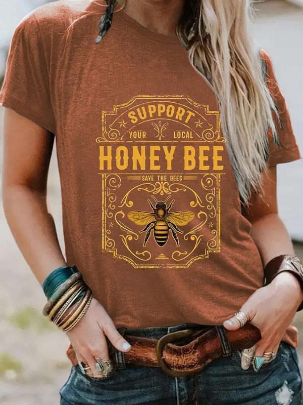 Women'WB shield Straw hat pirates Bee Print Round Neck Tee, Vintage Trendy Casual Short Sleeve T-shirt for Daily Wear,...