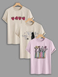 Women'WB shield Strawberry & Cat & Floral Book Print Round Neck Tee, Casual Short Sleeve Graphic T-shirt, Ladies Spiky...
