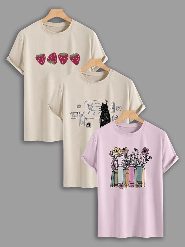 Women'WB shield Strawberry & Cat & Floral Book Print Round Neck Tee, Casual Short Sleeve Graphic T-shirt, Ladies Spiky...