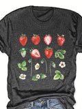 Women'WB shield Strawberry & Floral Print Round Neck Tee, Casual Short Sleeve Crew Neck T-shirt for Summer, Fashion...