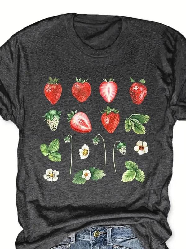 Women'WB shield Strawberry & Floral Print Round Neck Tee, Casual Short Sleeve Crew Neck T-shirt for Summer, Fashion...