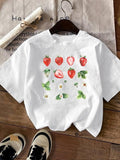 Women'WB shield Strawberry & Floral Print Round Neck Tee, Casual Short Sleeve T-shirt for Summer, Ladies TNF for Daily...