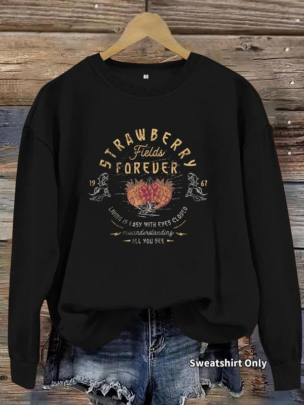 Women'WB shield Strawberry & Letter Print Crew Neck Sweatshirt, Casual Long Sleeve Pullover for Fall & Winter, Women'WB...
