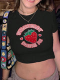 Women'WB shield Strawberry & Letter Print Round Neck Crop Tee, Casual Short Sleeve T-shirt for Summer, Ladies TNF for...