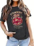 Women'WB shield Strawberry & Letter Print Round Neck Tee, 90s Graphic Tees, Vintage Trendy Casual Short Sleeve T-shirt...