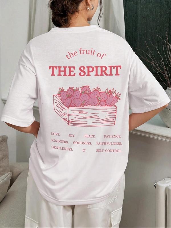 Women'WB shield Strawberry & Letter Print Round Neck Tee, Casual Fruit Graphic Short Sleeve T-Shirt for Summer, Women'WB...