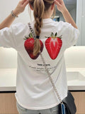 Women'WB shield Strawberry & Letter Print Round Neck Tee, Casual Fruit Print Short Sleeve T-shirt for Summer, Women'WB...