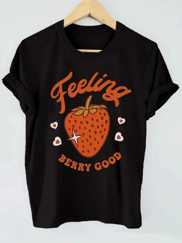 Women'WB shield Strawberry & Letter Print Round Neck Tee, Casual Short Sleeve Crew Neck T-Shirt for Fall & Winter,...