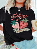Women'WB shield Strawberry & Letter Print Round Neck Tee, Fashion Casual Crew Neck T-Shirt for Daily Holiday Vacation...
