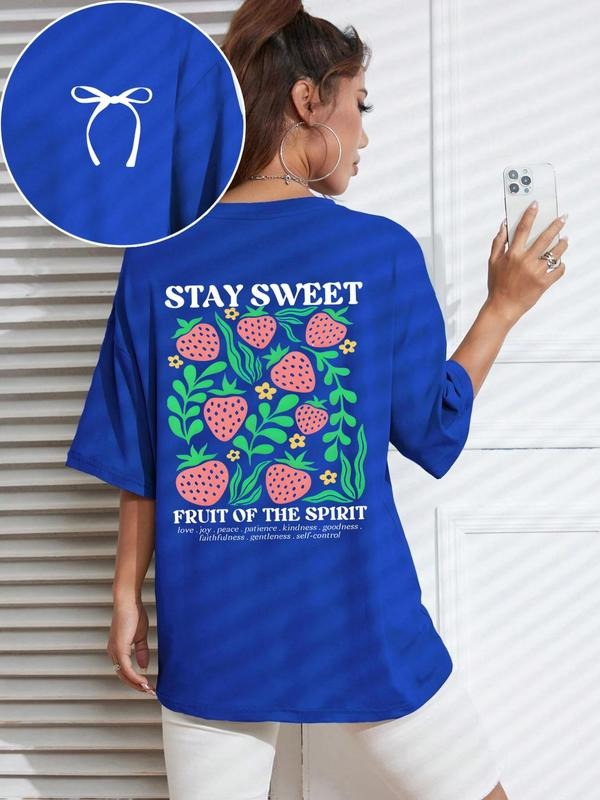 Women'WB shield Strawberry & Letter Print Round Neck Tee, Fashion Casual Crew Neck T-Shirt for Daily Holiday Vacation...