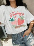 Women'WB shield Strawberry & Letter Print Round Neck Tee, Fashion Casual Crew Neck T-Shirt for Daily Holiday Vacation...