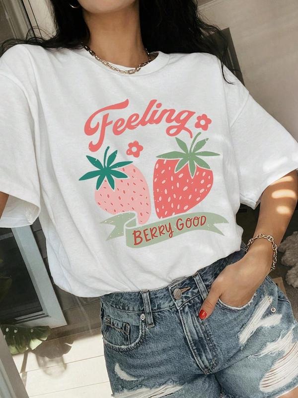 Women'WB shield Strawberry & Letter Print Round Neck Tee, Fashion Casual Crew Neck T-Shirt for Daily Holiday Vacation...