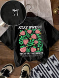 Women'WB shield Strawberry & Letter Print Round Neck Tee, Fashion Casual Crew Neck T-Shirt for Daily Holiday Vacation...