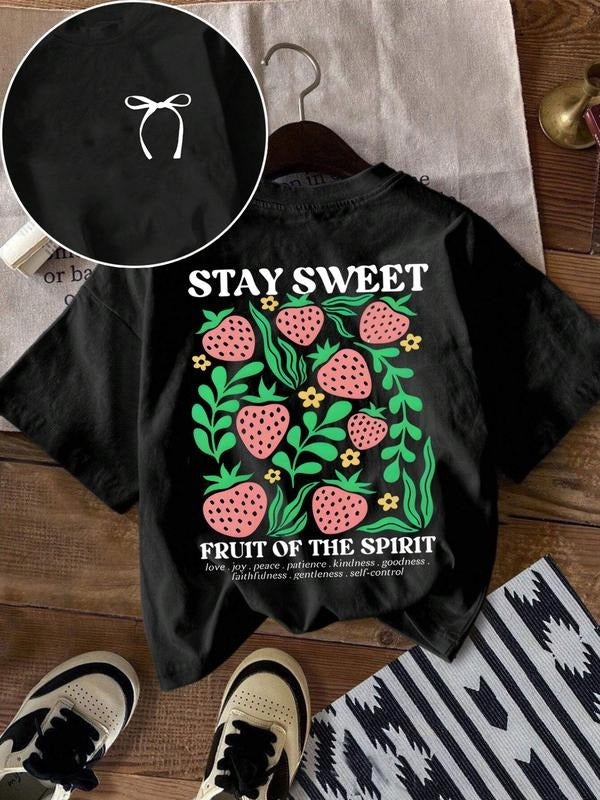 Women'WB shield Strawberry & Letter Print Round Neck Tee, Fashion Casual Crew Neck T-Shirt for Daily Holiday Vacation...
