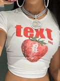 Women'WB shield Strawberry & Letter Print Round Neck Tee, Fashion Casual Crew Neck T-shirt for Daily Holiday Vacation...