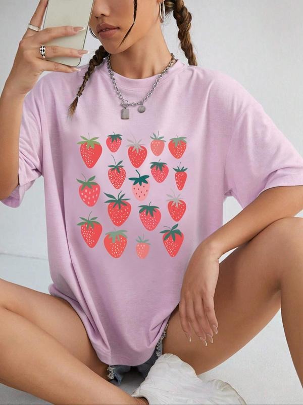 Women'WB shield Strawberry Print Drop Shoulder Round Neck Tee, Summer TNF Women, Mean Girl T-Shirt, Shirts Graphic Tee,...