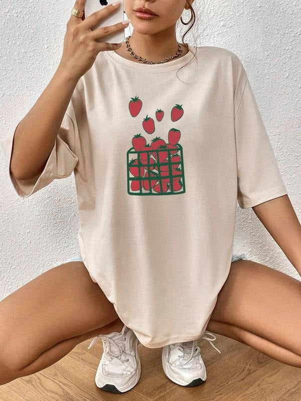 Women'WB shield Strawberry Print Drop Shoulder Tee, Street Fashion Casual Half Sleeve Round Neck T-shirt for Daily Wear,...