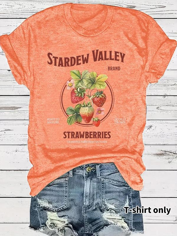 Women'WB shield Strawberry Print Round Neck Tee, Casual Fashion Short Sleeve T-shirt for Summer, Ladies TNF for Daily...